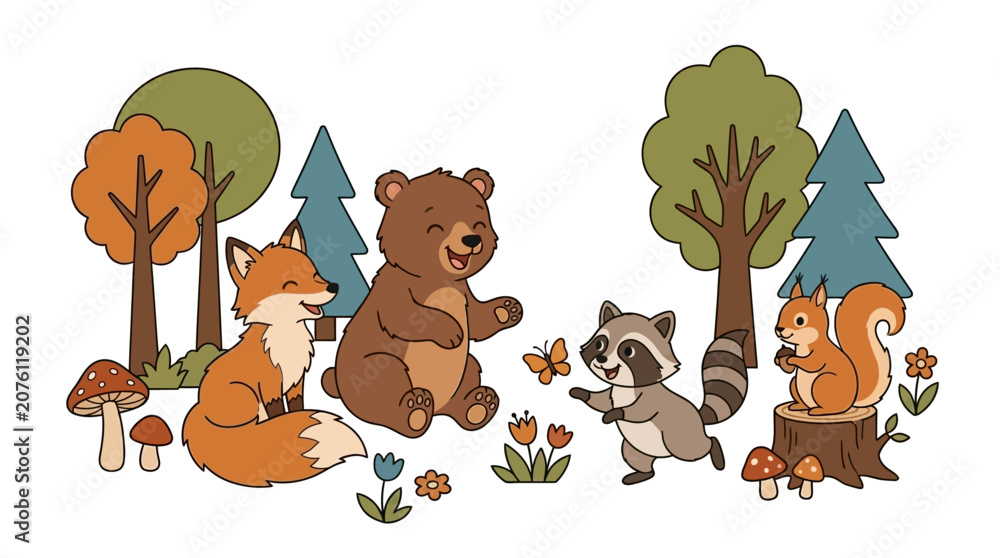 Fototapeta premium Adorable Woodland Creatures Collective Gathering in Vibrant Cheerful Playful Flat Vector Illustration Design Featuring Charming Forest Fauna Animals in Natural Habitat Setting Background Concept
