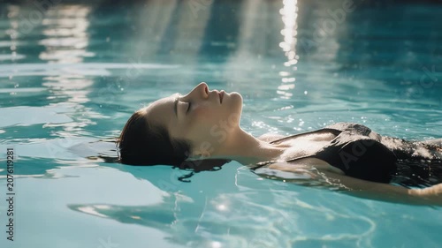 Female swimmer with dark hair floats serenely on water surface, sunlight reflecting off the pool, creating a tranquil atmosphere in a clear blue setting