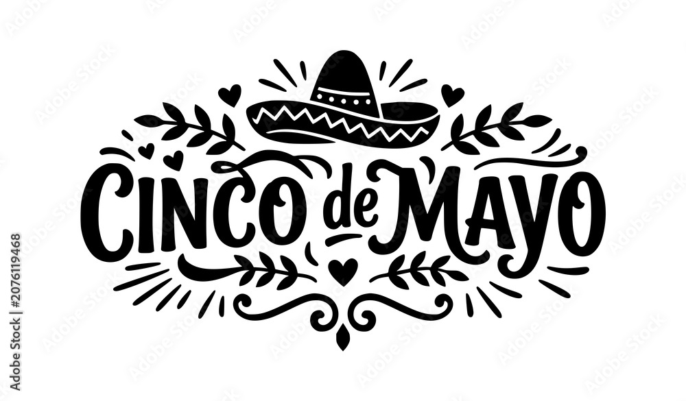 Obraz premium Decorative Cinco de Mayo Typography Badge with Sombrero, Leaves and Celebration Ornament Vector Design