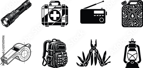 Fotografie Black and White Emergency Survival Equipment Silhouette Collection Featuring Fla