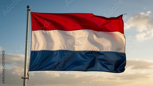 The National Flag of the Netherlands Waving Proudly Against a Clear Blue Sky.