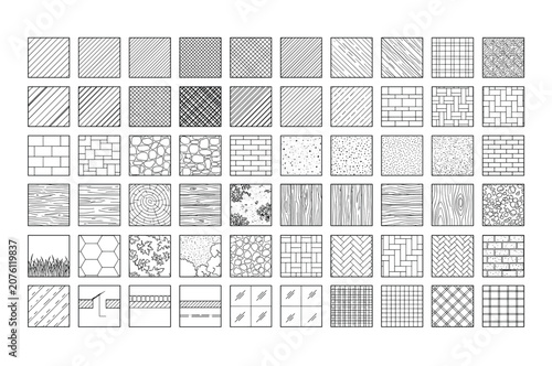 Architectural hatching patterns and CAD swatches, 60 technical drawing textures, black and white linear material symbols for floor plans and sections