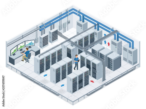 Modern Data Center Server Room with Cooling Systems and IT Equipment.