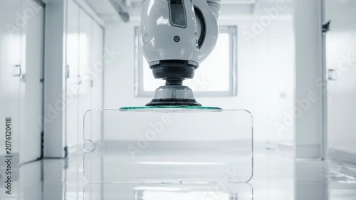 Robotic arm equipped with suction cup lifts transparent smartphone screen in a bright, sterile environment with white walls and polished floor
