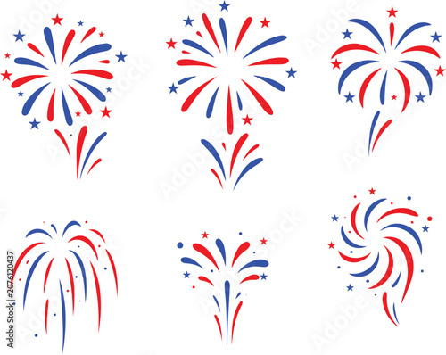 Canvas Print Fireworks, vector icon set ,red and blue bursts and stars 4th july anniversary