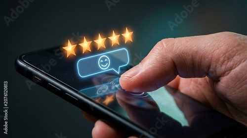 High quality customer experience showing five star rating and positive feedback on mobile smartphone application