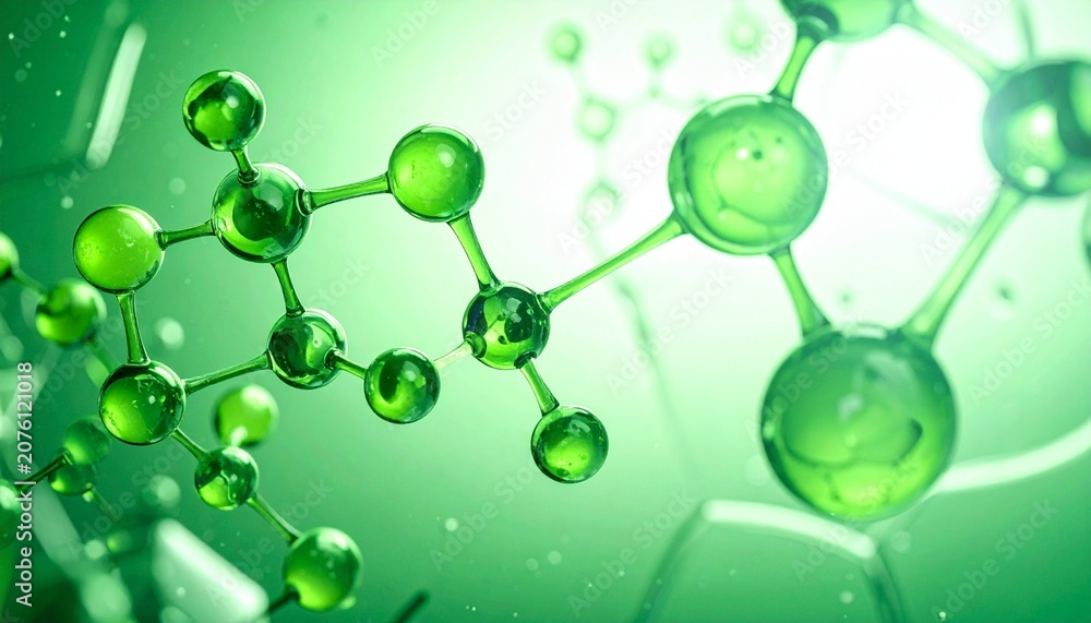 Obraz premium Advanced green molecular structure model showing chemical bonds and atoms with molecule chemistry structure abstract