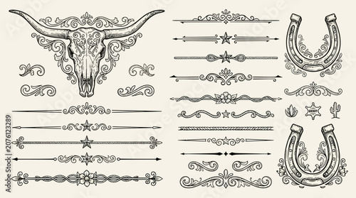 Vintage Western Ornamental Dividers and Borders with Longhorn Skull and Galloping Horses Flourishes for Antique Cowboy Graphic Design Elements Collection.
