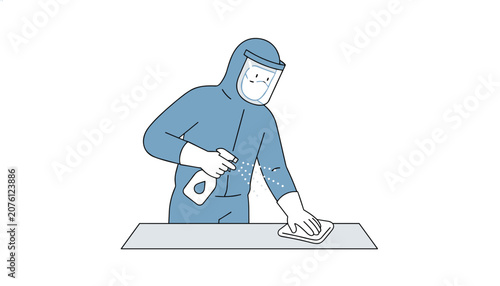 Worker in protective blue uniform using a spray bottle to clean and disinfect surfaces for maintainable hygiene standards in a sterile area.