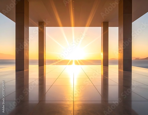 Sunset View Through Architectural Columns.