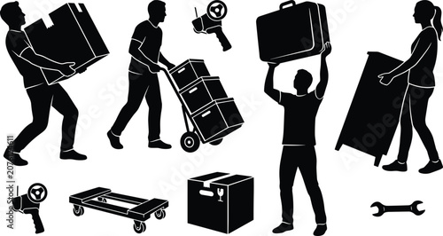 Φωτογραφία Moving and Relocation Silhouette Vector Set Featuring People Carrying Cardboard