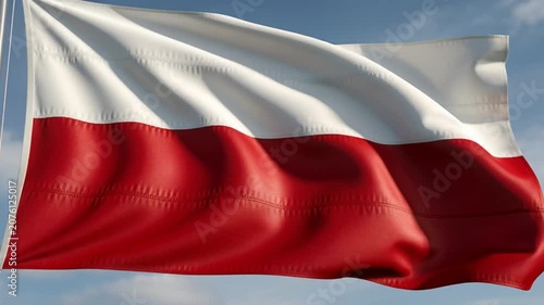 Waving National Flag of Poland Against a Clear Blue Sky.