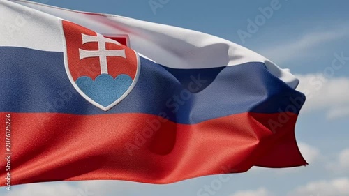 Slovakia National Flag Waving in the Wind Against a Blue Sky.