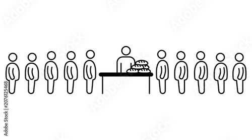 Line of people waiting for bread distribution from a vendor