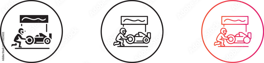 Obraz premium Car racing pitstop illustration with a mechanic changing a tire, linear design