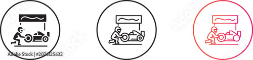 Принти на полотні Car racing pitstop illustration with a mechanic changing a tire, linear design