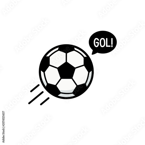 Black and white flying soccer ball with motion lines and speech bubble shouting GOL vector illustration