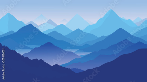 Layered blue mountain range during dawn with atmospheric perspective in vector illustration