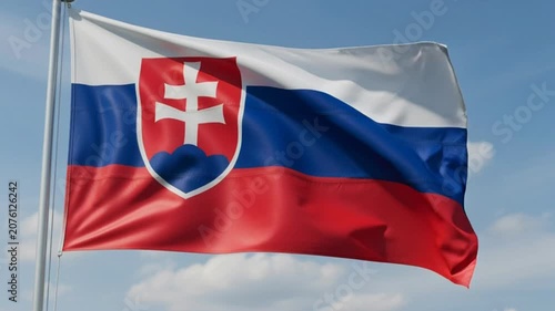 Slovak Republic National Flag Waving Against Clear Blue Sky.