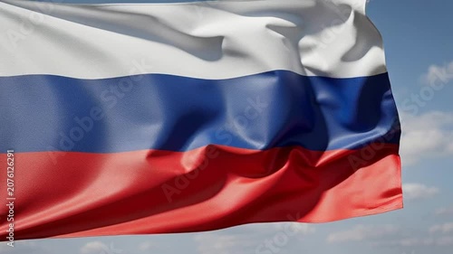 Russian Federation National Flag Waving in the Wind Against a Blue Sky.