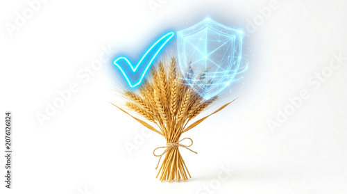 A bundle of golden wheat stalks with a glowing blue checkmark and a digital shield icon isolated on white background