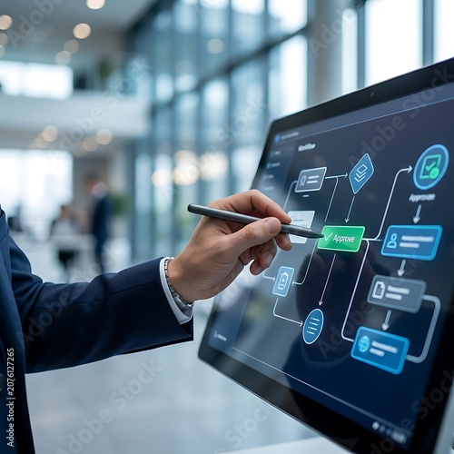 A businessperson interacts with an information technology flowchart on a digital display in a modern office.