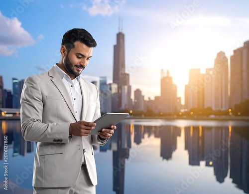 Businessman using tablet by city waterfront.