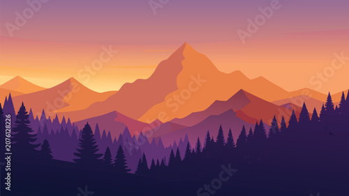 Mountain range landscape during twilight with pine forest silhouettes and gradient sky vector illustration