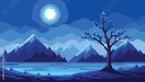 Fotografie Pixel art landscape with moonlit tree reflected in tranquil water during twiligh