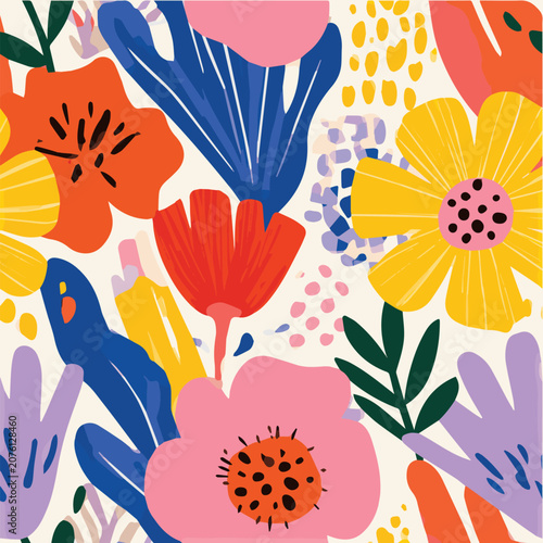 Bright cheerful floral seamless pattern, oversized colorful flowers