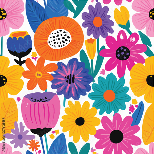 Bright cheerful floral seamless pattern, oversized colorful flowers