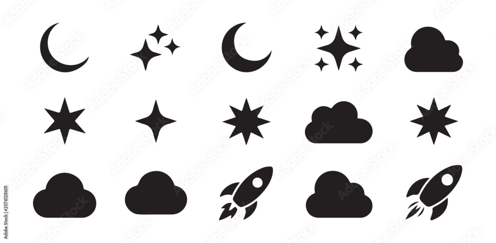 Obraz premium Space and Night Sky Icon Set with Moon Stars Clouds and Rockets