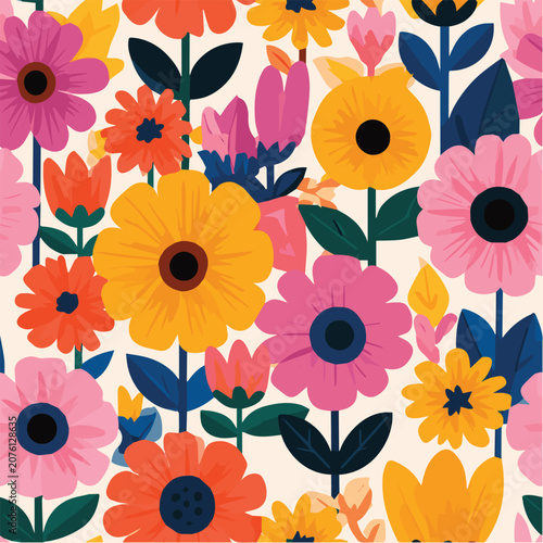 Bright cheerful floral seamless pattern, oversized colorful flowers