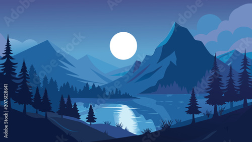 Serene mountain lake under full moon during twilight with pine trees and reflective water vector illustration