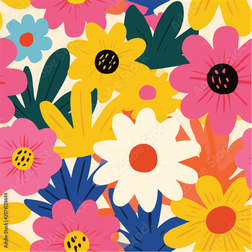 Bright cheerful floral seamless pattern, oversized colorful flowers