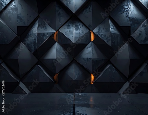 Dark geometric wall with orange accents.