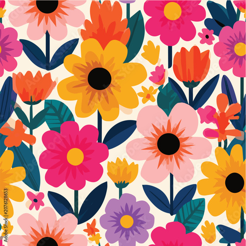 Bright cheerful floral seamless pattern, oversized colorful flowers