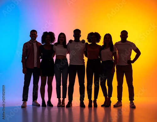 Diverse group of friends standing together.