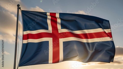 Icelandic National Flag Waving Proudly Against a Dramatic Sunset Sky.