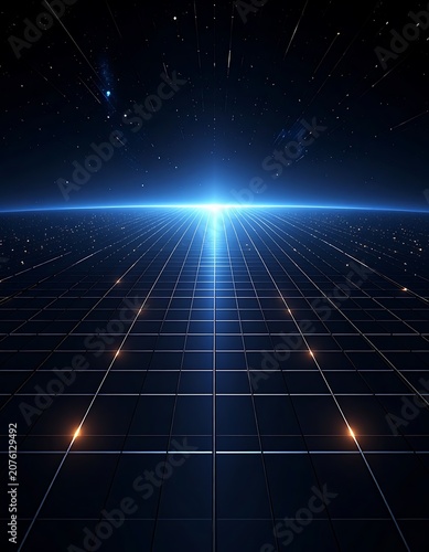 Futuristic grid with shining blue light.