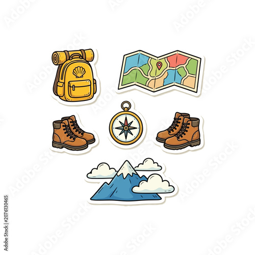 Cute Hand Drawn Hiking Adventure Sticker Set with Backpack Map Compass Boots and Mountain Illustration
