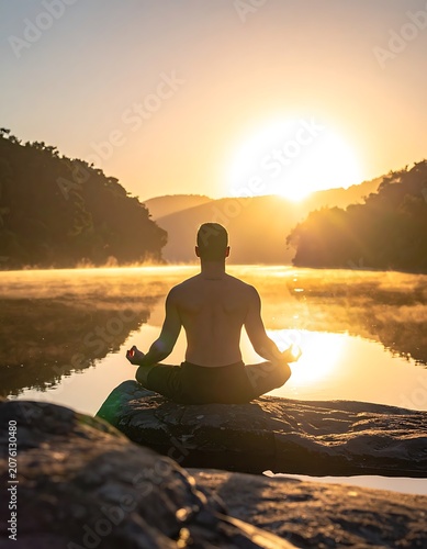 Man meditating by serene lake at sunrise.