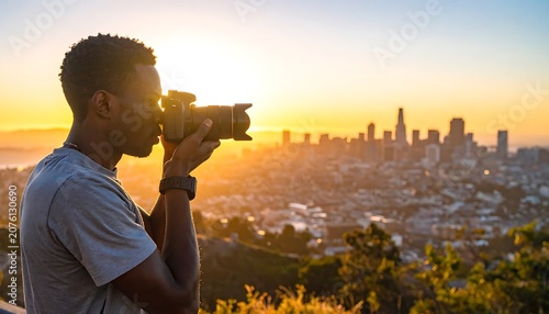 Man taking photo of cityscape at sunset.