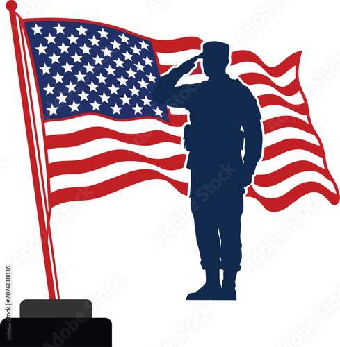 Obraz na plátně US Soldier Saluting American Flag Silhouette