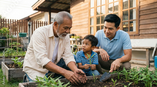 Three generations of Thai men planting vegetables together