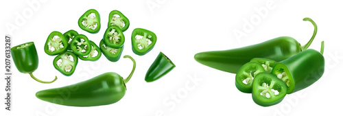 sliced jalapeno pepper isolated on white background. Green chili pepper with full depth of field. Top view. Flat lay