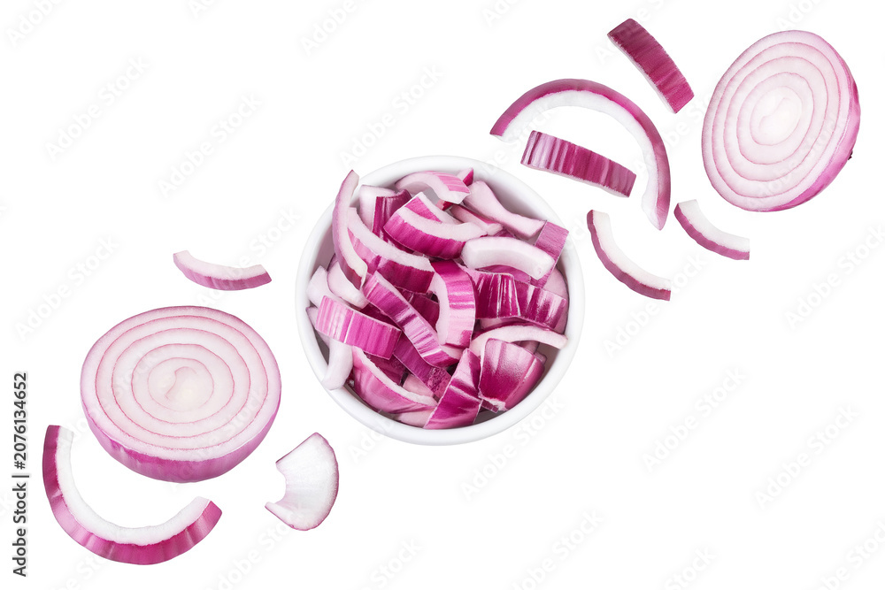 Fototapeta premium Red onion slices in ceramic bowl isolated on a white background. Top view. Flat lay