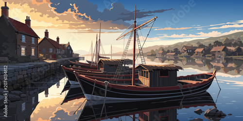 Vintage sailing ship docked at a small harbor during sunset with houses and mountains in the background water body mountains reflection peaceful architecture residential community landscape