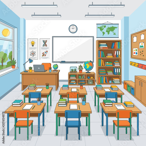 Modern school classroom interior illustration with student desks whiteboard bookshelves and teacher desk for educational learning background