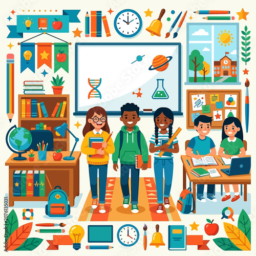 Diverse students in a vibrant school setting, surrounded by educational tools, scientific motifs, classroom activities, symbolizing learning, growth, bright academic future